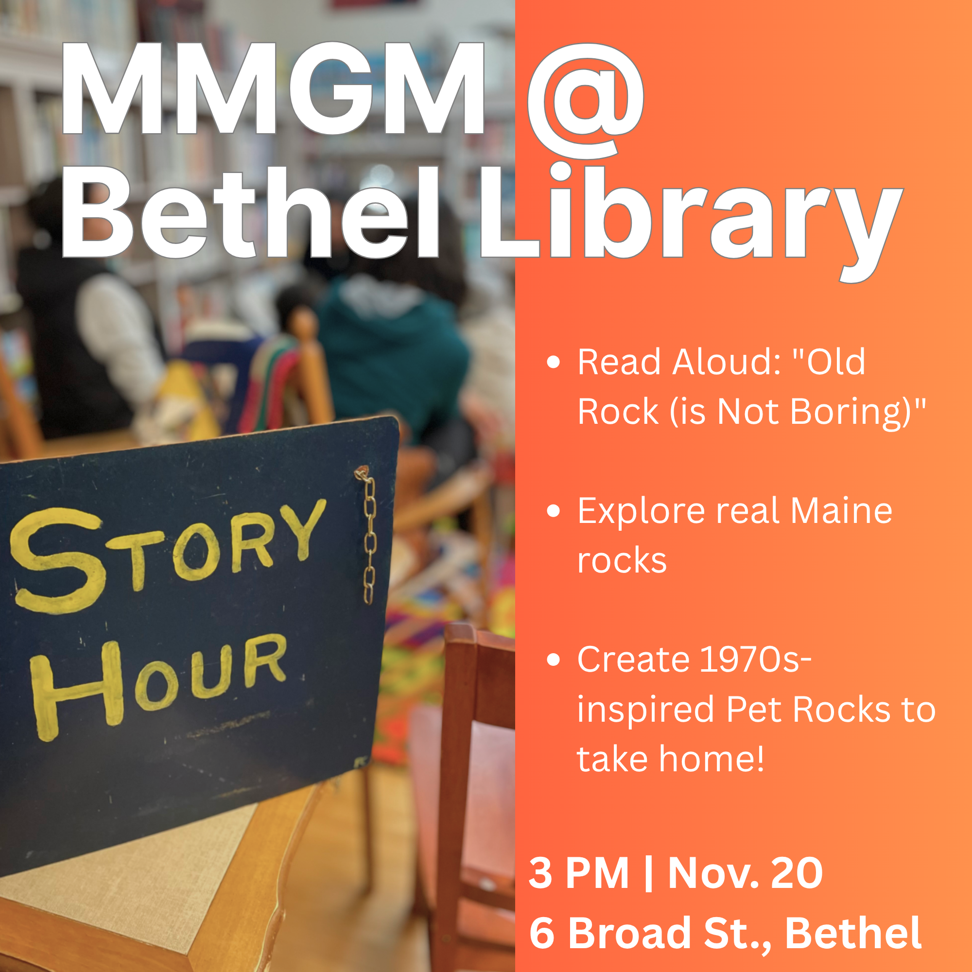 MMGM educator showing Maine rocks to preschoolers at Bethel Library story hour